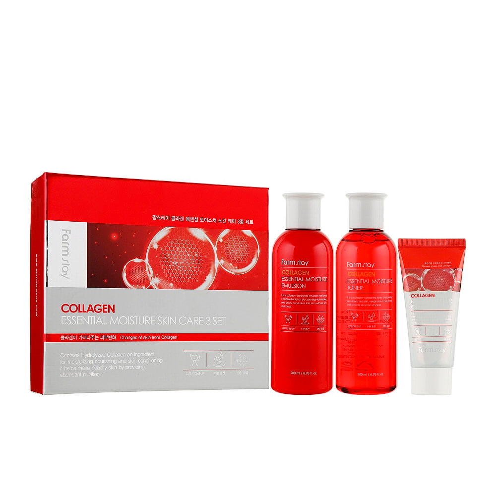 Набор из трёх средств для интенсивного увлажнения и укрепления кожи лица с коллагеном |ton/200ml + emul/200ml + cr/50ml| Farmstay Collagen Essential Moisture Skin Care 3set
