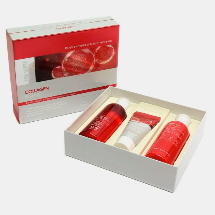 Набор из трёх средств для интенсивного увлажнения и укрепления кожи лица с коллагеном |ton/200ml + emul/200ml + cr/50ml| Farmstay Collagen Essential Moisture Skin Care 3set